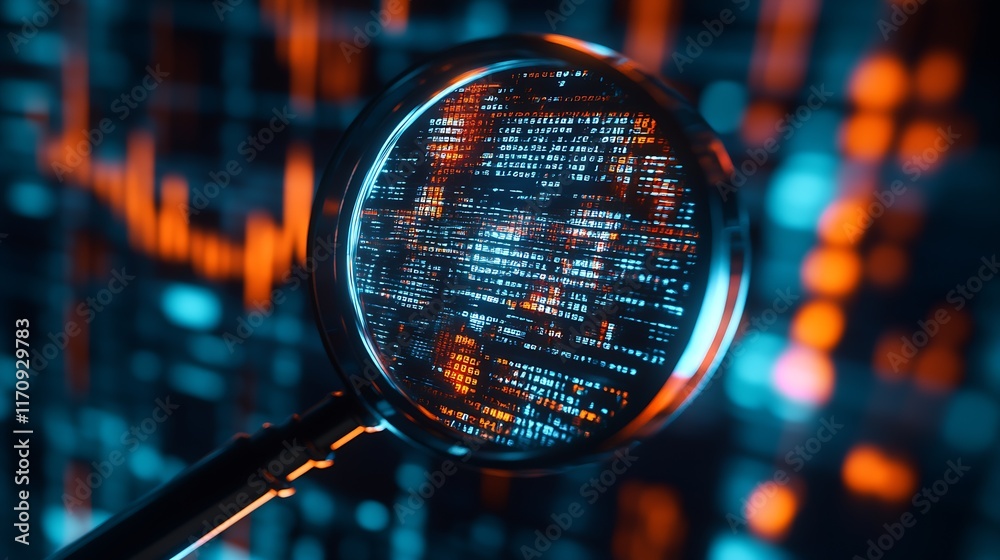 Poster Advanced Cyber Defense Visualized Through Magnifying Glass on Digital Coding and Data Security Patterns : Generative AI