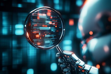 Advanced Robotic Arm Analyzing Digital Code Through Magnifying Glass in High-Tech Environment : Generative AI
