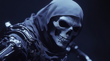 Cyberpunk grim reaper figure with a skull mask, dark and moody atmosphere.