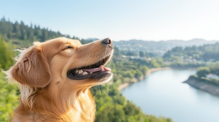 A golden retriever dog looking up at the sky