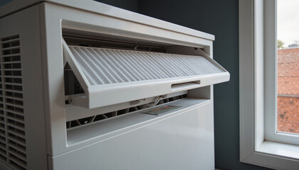 Detailed view of air filter in air conditioning unit, indoor freshness