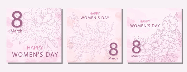 Womens Day Poster. Set of Floral Posters for 8 March. Flower design Womens Day Greeting Cards. Women Day background Templates with Floral Line Art.