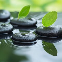 A green leaf canopy rests over a pyramid of Zen stones on the water's surface