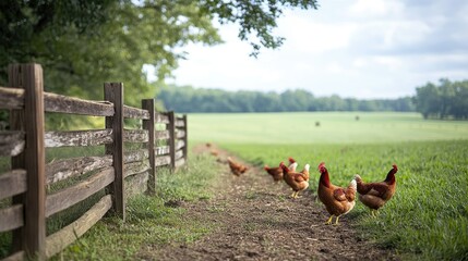 Rustic Farm Scene: Chickens Stroll Along a Wooden Fence