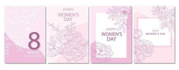 Womens Day Poster. Set of Floral Posters for 8 March. Flower design Womens Day Greeting Cards. Women Day background Templates with Floral Line Art.