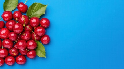 A bunch of cherries with leaves on a blue background