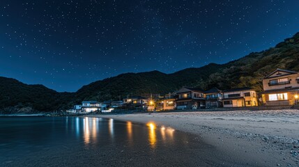 Starry Night Seascape: Coastal Village - Night photography