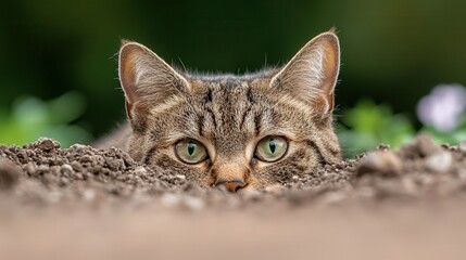 Fototapeta premium A cat peeking out of the ground looking at the camera