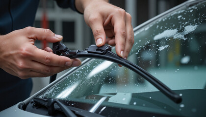 Mechanic replacing windshield wipers in garage during winter, vehicle maintenance