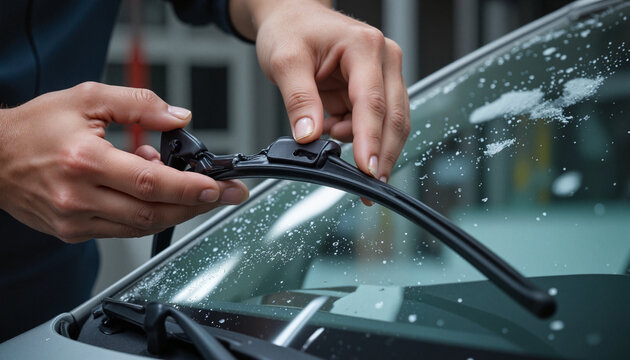 Mechanic replacing windshield wipers in garage during winter, vehicle maintenance