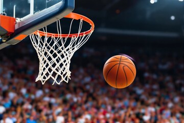 A basketball nearing the hoop in an energetic game, with a vibrant crowd in the background. Highlights motion, energy, and sports spirit. Ai generative