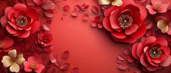 Intricate red and gold floral paper designs, traditional Chinese decoration, rich lunar new year 2025 theme, festive ambiance, hyperrealistic, cinematic tones