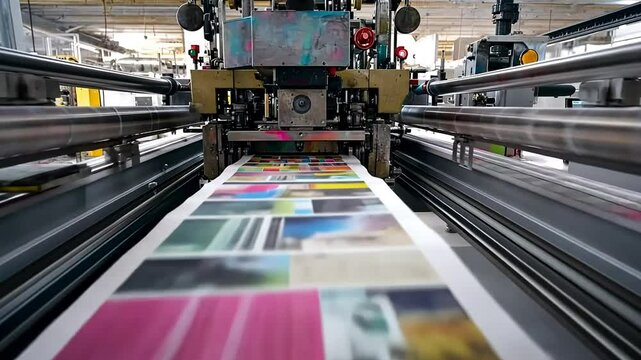 High-speed printing press printing colorful brochures. Close-up view of the process.