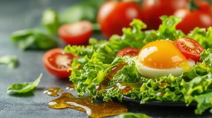A plate of salad with an egg on top of it