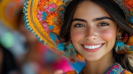Fototapeta premium Young Woman Smiling Wearing Vibrant Colorful Hat and Clothing