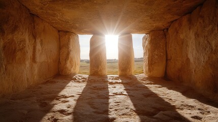 Obraz premium The sun is shining through the window of a stone structure