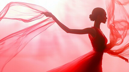 Silhouette of elegant woman in red dress with flowing fabric.