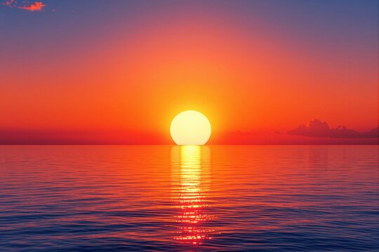 Sunset over serene ocean, bright sun reflecting on water, vibrant orange and red sky, peaceful atmosphere, nature concept. Ai generative