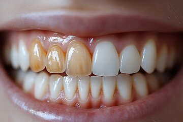 Close-up of a smile showing teeth with varying shades of color.