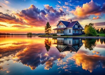Fototapeta premium Lakeside Living: Serene Double Exposure of House and Water