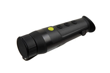 Thermal imaging monocular with lens cap, black body, multiple control buttons, and ergonomic design, ideal for night vision and outdoor activities. Isolate on white back