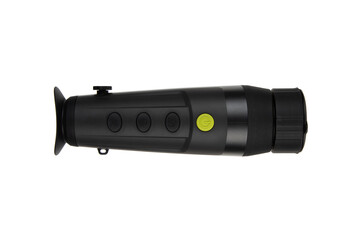Thermal imaging monocular with lens cap, black body, multiple control buttons, and ergonomic design, ideal for night vision and outdoor activities. Isolate on white back