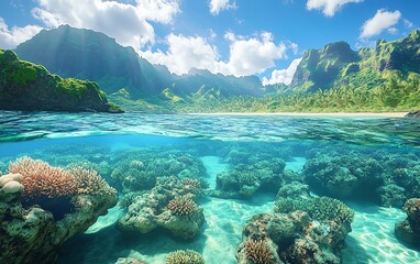 Naklejka premium Stunning beach with white sand and blue water, vibrant coral reef on the left, tropical underwater world, serene atmosphere, ultradetailed, HD resolution