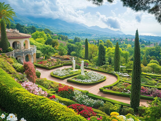 From a high-angle view on a sunny summer day, admirable ornamental garden and villa sprawl out like a vibrant tapestry, with lush greenery and colorful blooms creating a breathtaking panorama that st