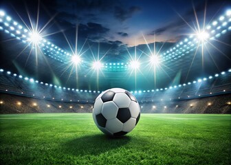 Night Soccer Game: Illuminated Ball on Stadium Field - Stock Photo