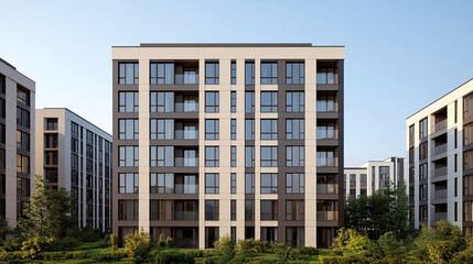 Modern residential complex with industrial chic design and greenery