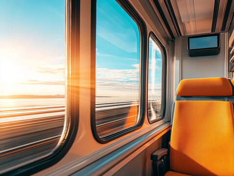 Modern railcar interior with virtual reality windows, showcasing vibrant sunset view. orange seat adds warmth to scene