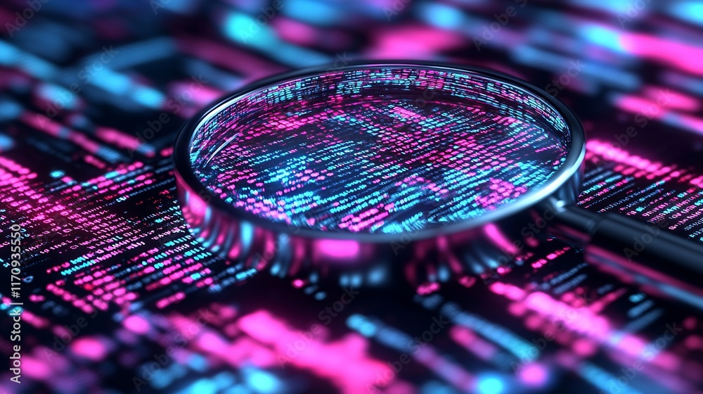 Poster Digital Coding with Magnifying Glass in Neon Lights for Technology Analysis : Generative AI