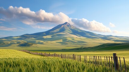 Fototapeta premium A field of green grass with a mountain in the background