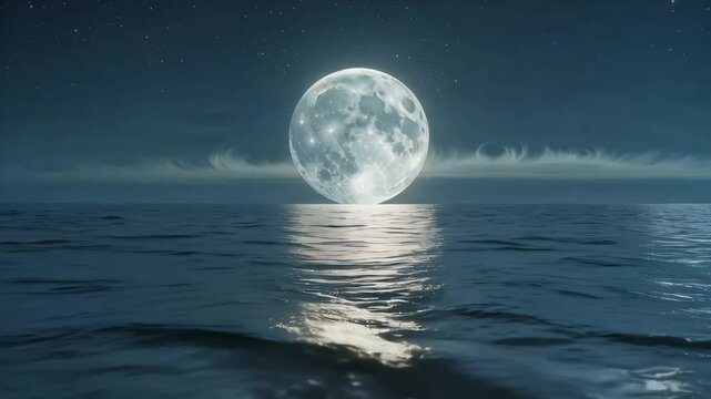 A glowing full moon casting light over a peaceful ocean