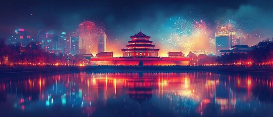 Traditional Chinese cityscape with a red palace by the water, vibrant fireworks, majestic ancient architecture, festive and cultural vibes, 2025 celebration theme