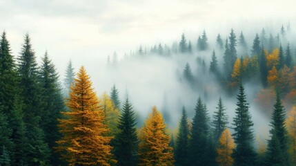 A foggy forest filled with lots of tall trees