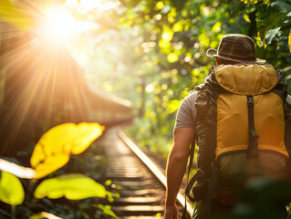 backpacker walking along train track through dense jungle at sunset, enjoying nature beauty