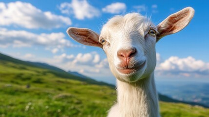Obraz premium A white goat standing on top of a lush green hillside