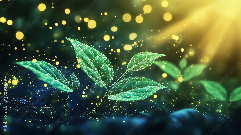Poster Magically Illuminated Green Leaves Sparkling in Light in a Mystical Atmosphere : Generative AI