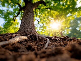 A tree with the sun shining through the roots of it