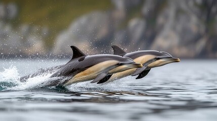 Fototapeta premium two dolphins jumping out of the water