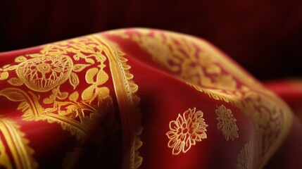 Elegant red silk fabric with gold embroidery textile showcase luxurious environment close-up view artistic craftsmanship