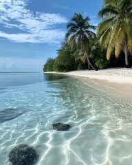 Tranquil Maldives beach, clear waters reflecting the sky, palm trees moving gently in the breeze, tropical paradise, serene beach vibes, 8K resolution
