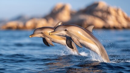 A couple of dolphins jumping out of the water