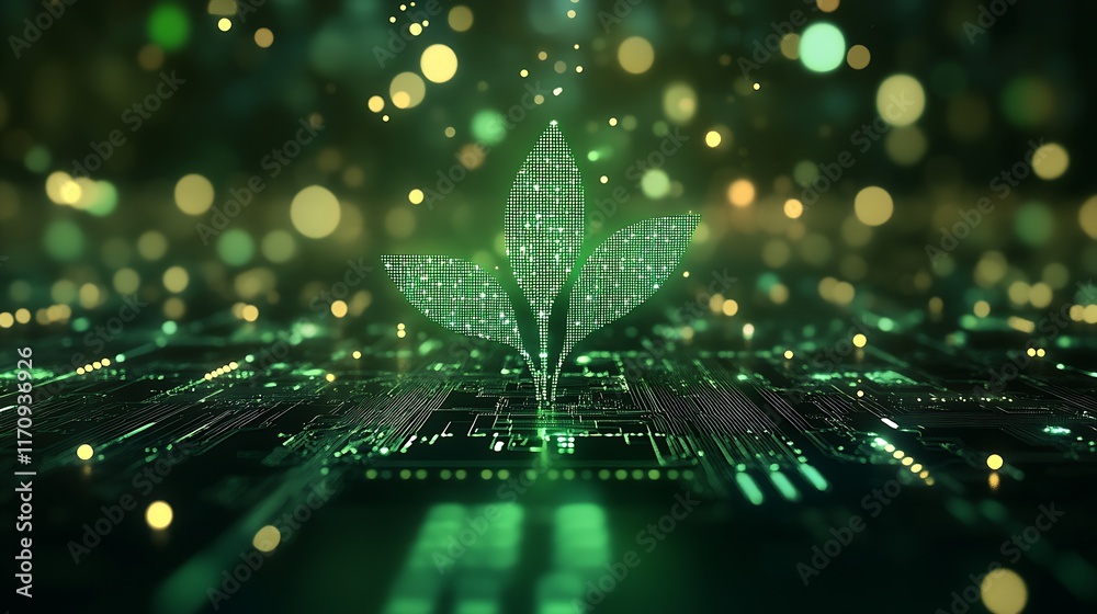 Poster abstract technological network with radiant green leaf symbolizing eco technology and sustainability