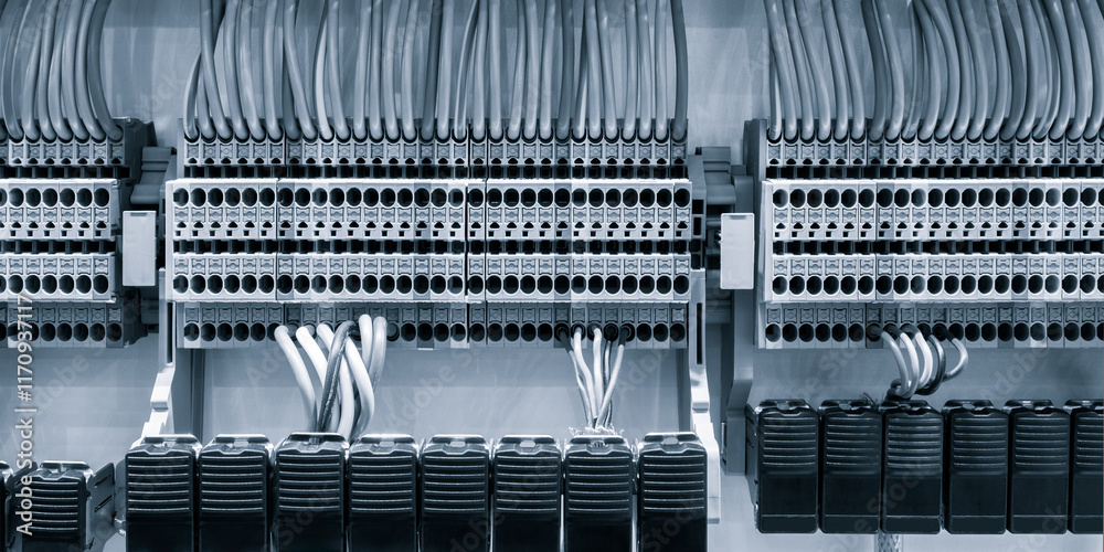 Poster color wires in a box of distribution of an electricity, plc control panel with wiring, lectric contr