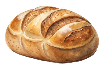 Freshly baked bread, artisanal loaf, watercolor style, warm tones, rustic appearance, food illustration, bakery art.