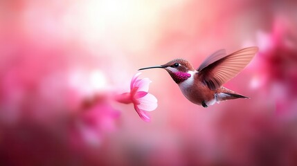 Fototapeta premium A hummingbird flying through the air with a pink flower in its beak