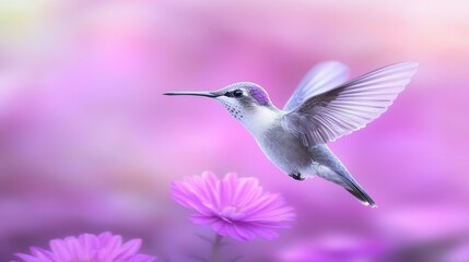 Fototapeta premium A hummingbird flying through a field of purple flowers