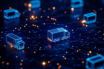 Digital logistics network with trucks and connections, showcasing innovation and efficiency in delivery operations
